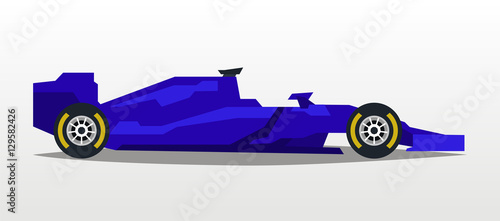 Purple racing bolide. Sports car. Quick transport. Powerful engine. Aerodynamic body. A competitor, the Grand Prix. Side view, isolated on background. Vector illustration