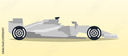 Gray racing bolide. Sports car. Quick transport. Powerful engine. Aerodynamic body. A competitor, the Grand Prix. Side view, isolated on background. Vector illustration