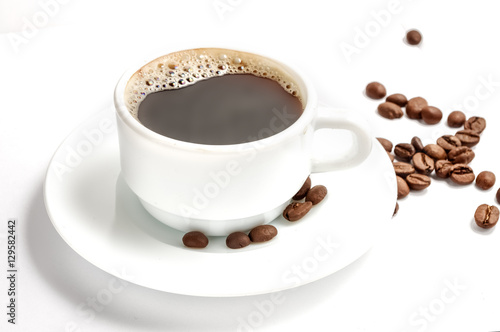 Coffee cup with beans isolated on white