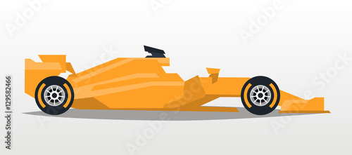 Orange racing bolide. Sports car. Quick transport. Powerful engine. Aerodynamic body. A competitor, the Grand Prix. Side view, isolated on background. Vector illustration