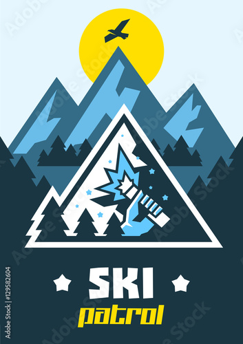 Ski Patrol. Burning fire alarm in his hand. Help in the mountains, the security service. Logo. Winter landscape. Mountain, forest. Ski resort. Vector illustration. Flat style
