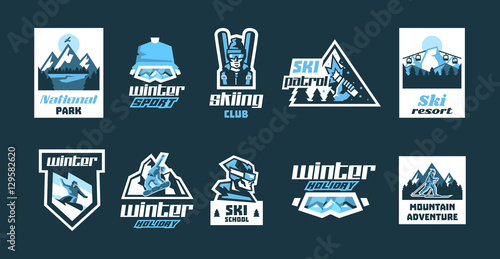 Set of logos on the theme of winter sports. Collection of posters, labels, icons, stamps. Active lifestyle. Snowboarder, skier, equipment, ski goggles. Ski Patrol, winter landscape, mountains, forest.