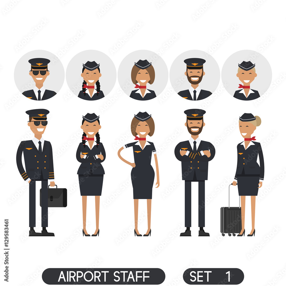 Airport staff set 1. Stewardesses, pilots, flight attendants standing isolated 
on a white background. Aircraft personnel. Flat.