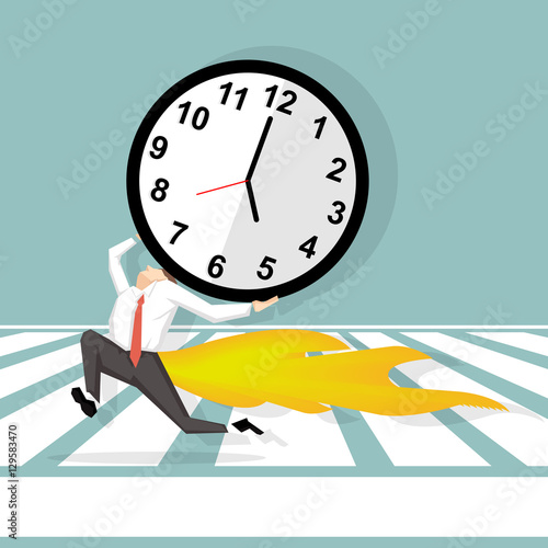 Businessman hold the clock and running in happiness time 5 o'clock