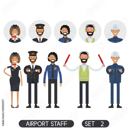 Stewardesses, pilots, security standing isolated 
on a white background. Aircraft personnel. Flat. Airport staff set 2.