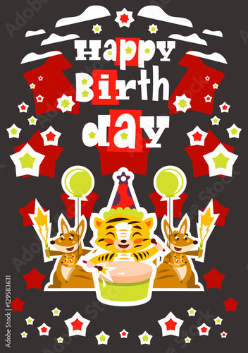 Greeting card happy birthday. Designed for printing invitations, wishes. Lion Drumming. Kangaroo and her baby. Squib. Balloon explosion, fireworks, stars. Vector illustration