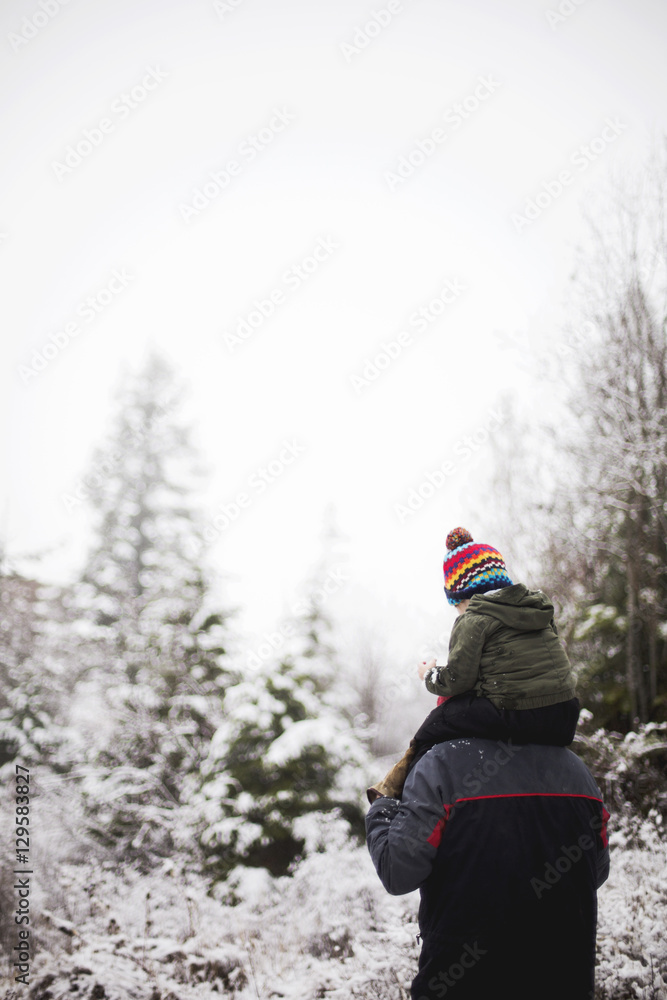 Man carrying boy on shoulders, in snow covered field, rear view Man carrying boy on shoulders, in snow covered field, rear view