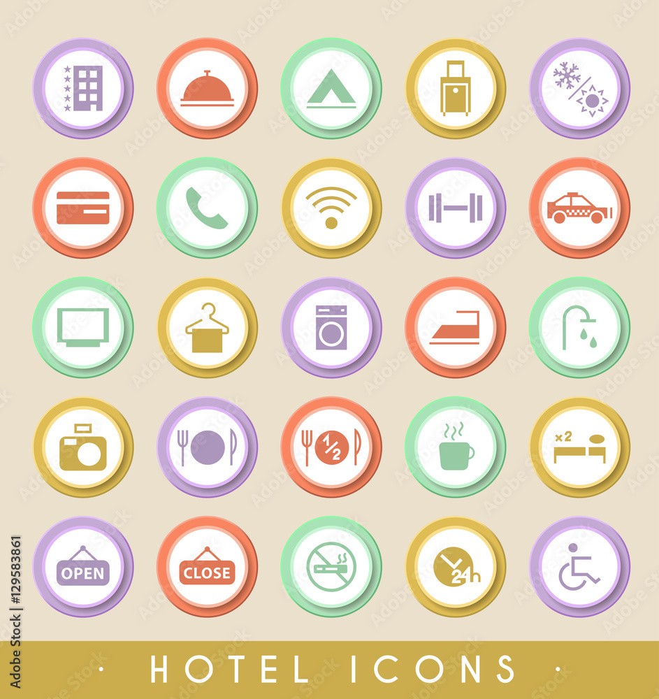 Set of Hotel Icons on Circular Colored Buttons. Vector Isolated Elements. Set of Hotel Icons on Circular Colored Buttons. Vector Isolated Elements.