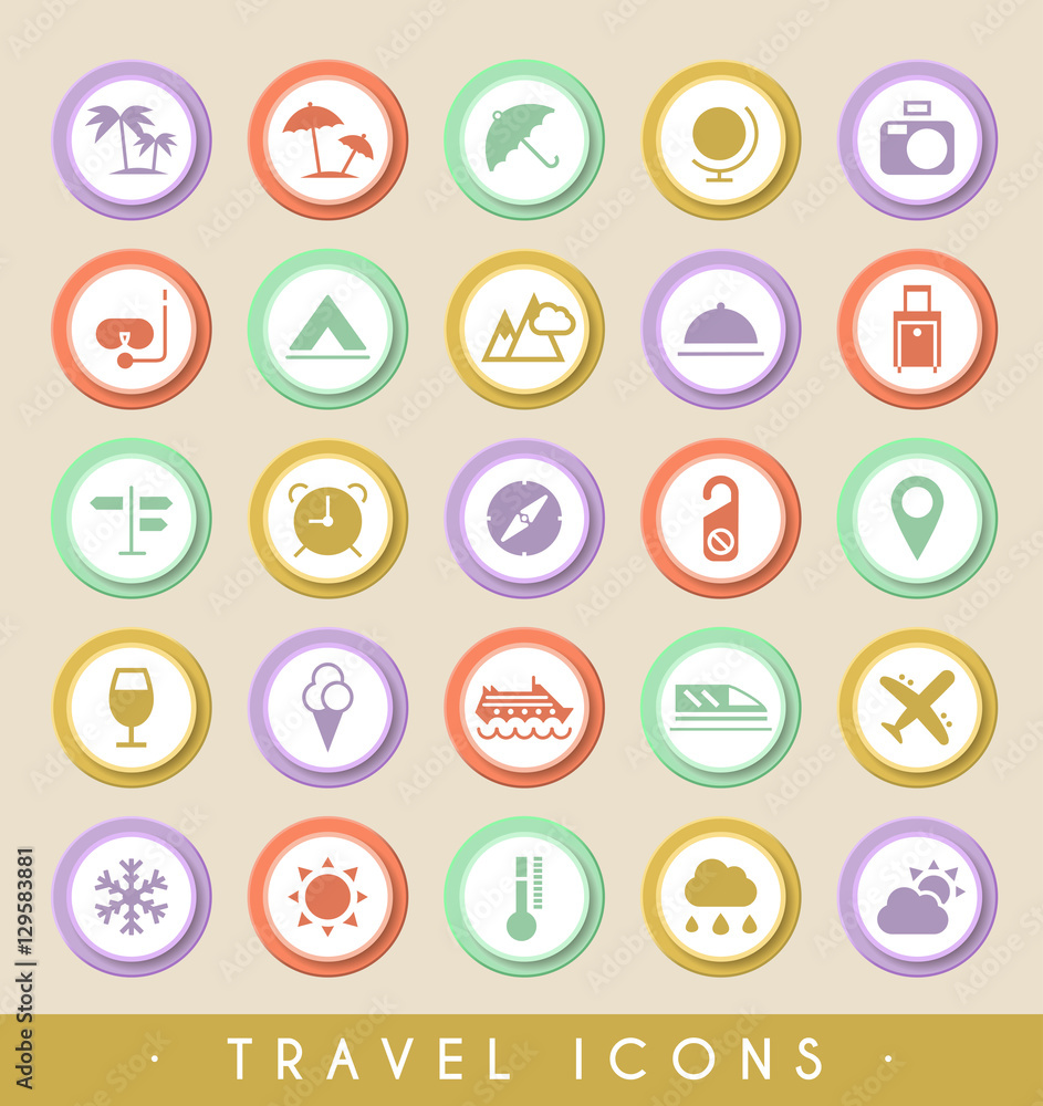 Set of Travel Icons on Circular Colored Buttons. Vector Isolated Elements.