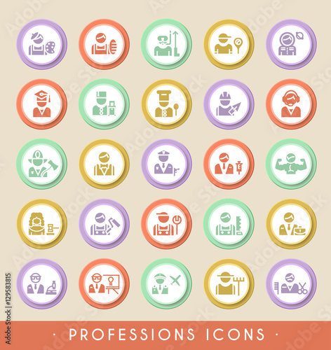 Set of Professions Icons on Circular Colored Buttons. Vector Isolated Elements.