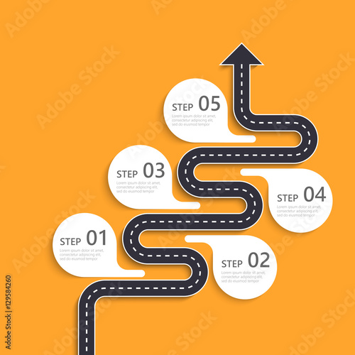 Road way location infographic template with a phased structure. Winding road timeline. Stylish Serpentine in the form of arrow. Vector EPS 10