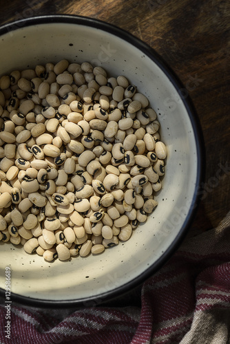 Bowl of black eyed peas, overhead view photo