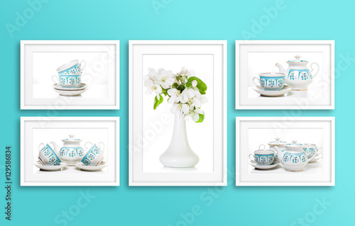 Frames collage with tableware motif posters, interiors decor mock up for kitchen photo