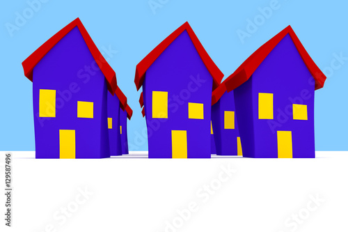 Row of Cartoon Houses With Blue Sky, 3d illustration