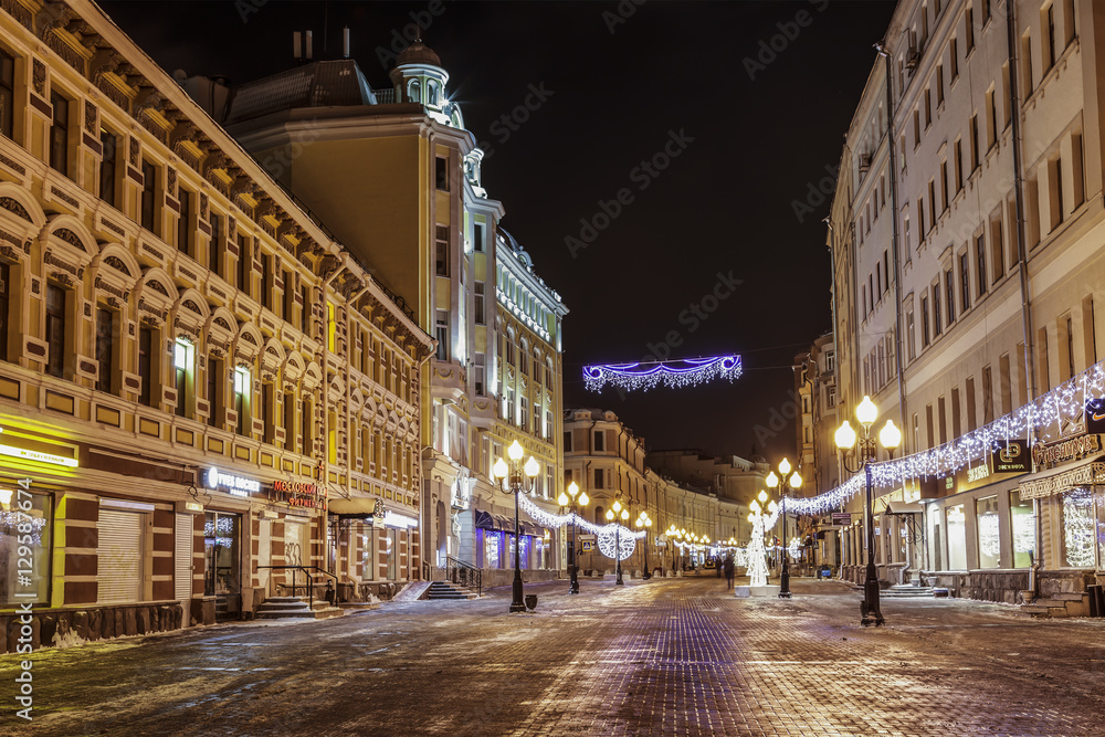 Christmas illumination on Old Arbat street in Moscow, Russia