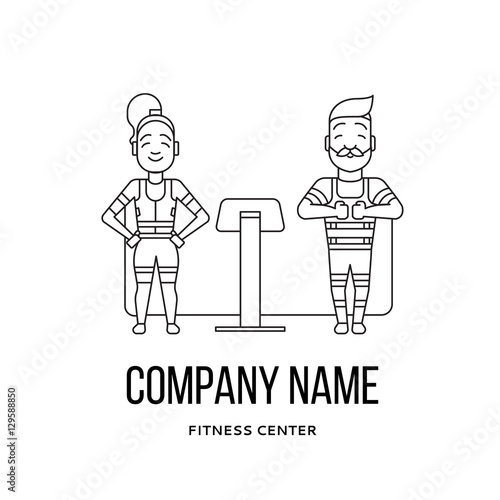 Ems training logo. Electric muscular stimulating fitness. Fitness center banner. Personal trainer and sportsman. Line flat concept. Sports company flyer, sticker. Vector illustration