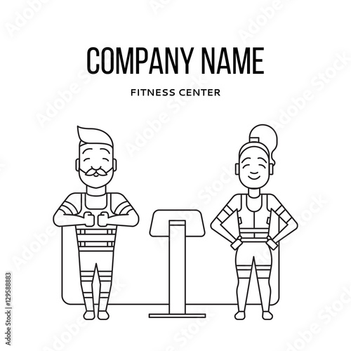 Ems training logo. Electric muscular stimulating fitness. Fitness center banner. Personal trainer and sportsman. Line flat concept. Sports company flyer, sticker. Vector illustration