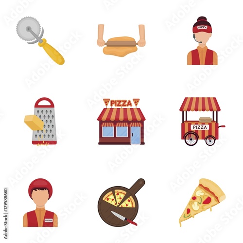 Pizza and pizzeria set icons in cartoon style. Big collection of pizza and pizzeria vector symbol stock illustration