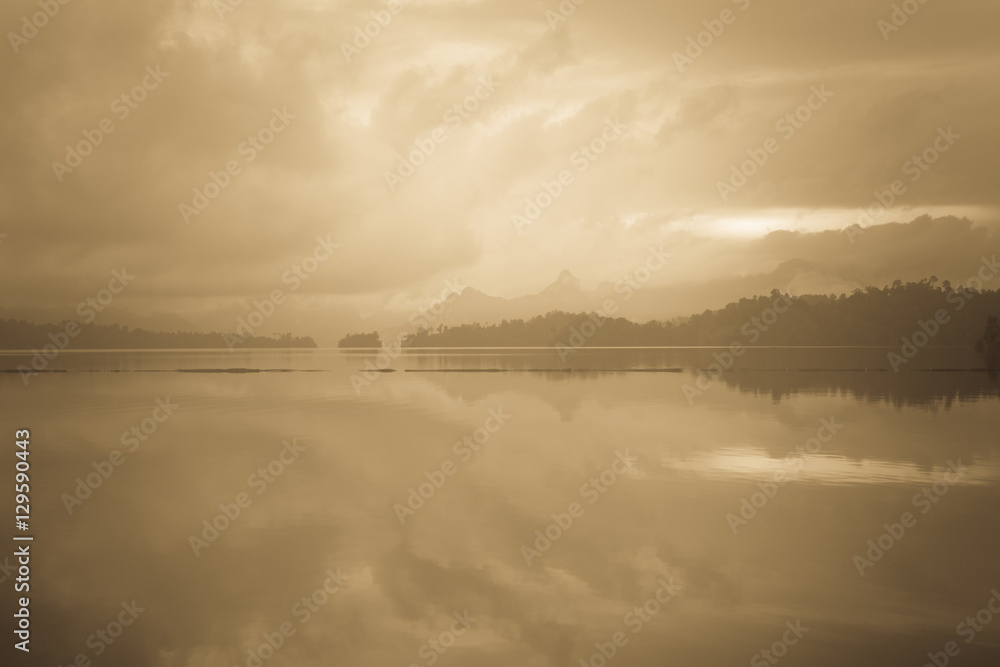Fototapeta premium Landscape in Thailand Surat Tani. Ratchaprapha Dam. Sepia Landscape.