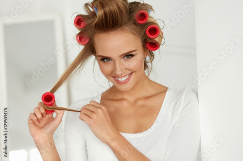 Beautiful Woman With Hair Curlers, Hair Rollers On Healthy Curly