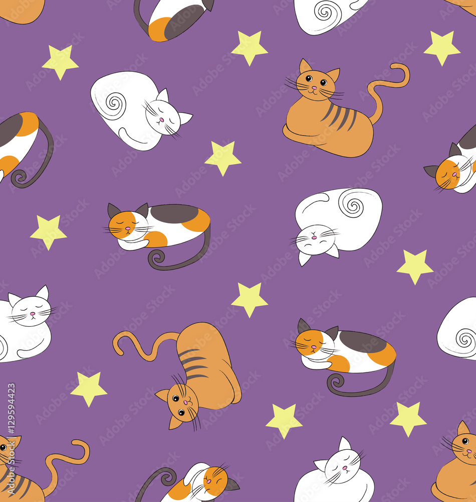 Seamless pattern with funny sleeping cats and stars on the violet background Seamless pattern with funny sleeping cats and stars on the violet background