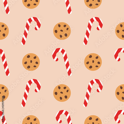 Seamless background. Delicious oatmeal cookies with chocolate chips and candy . Vector.