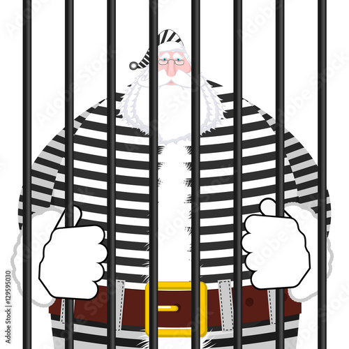 Santa Claus prison in striped robe. Window in prison with bars.