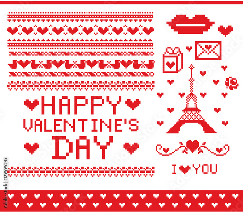 Pattern pixel. Set of knitting design elements. Happy Valentine's Day. Knitted seamless border birds