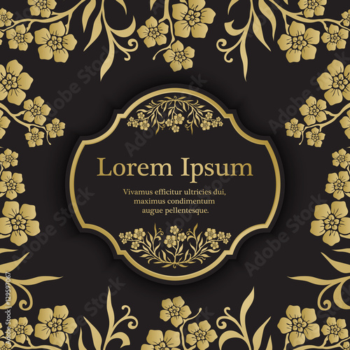 Background with gold myosotis (forget-me-not) graphic flowers