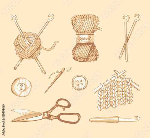 Tools and materials for knitting. Vector sketch