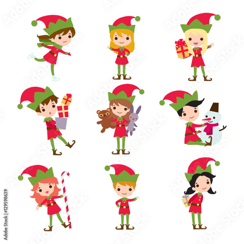Set of elves kids cartoon character. Vector icons isolated on white background. photo