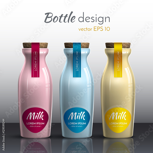 Realistic vector illustration. The design of a glass bottle of milk. Logo on the packaging