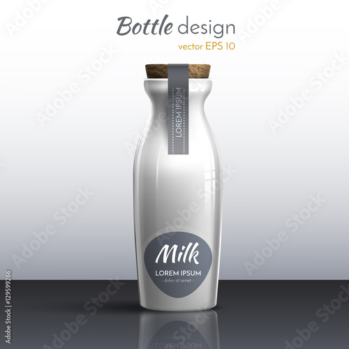 Realistic vector illustration. The design of a glass bottle of milk. Logo on the packaging