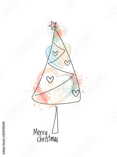 Greeting card vector template with text and hand drawn Christmas tree and watercolor hearts at white background
