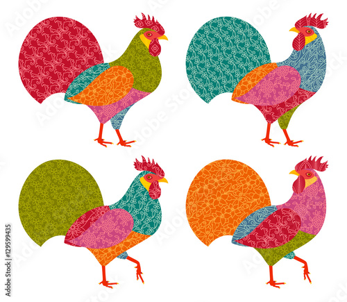 Creative stylized roosters in patchwork style. 2017 New Year symbol red cock. Vector illustration