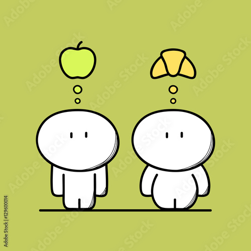 Cute funny fatty with bakery or croissant and slim man with fresh apple on the green background. Healthy diet and junk food  - cartoon vector illustration.