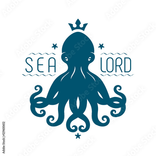 Template for tattoo, label, logo with silhouette of symmetrical octopus, crown and words – Sea lord. Vector. Blue danger cartoon character with curling tentacles swimming underwater, isolated.