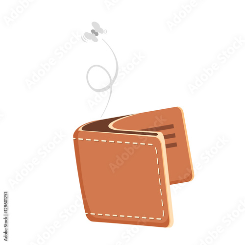 Cartoon empty wallet illustration with flying moth.