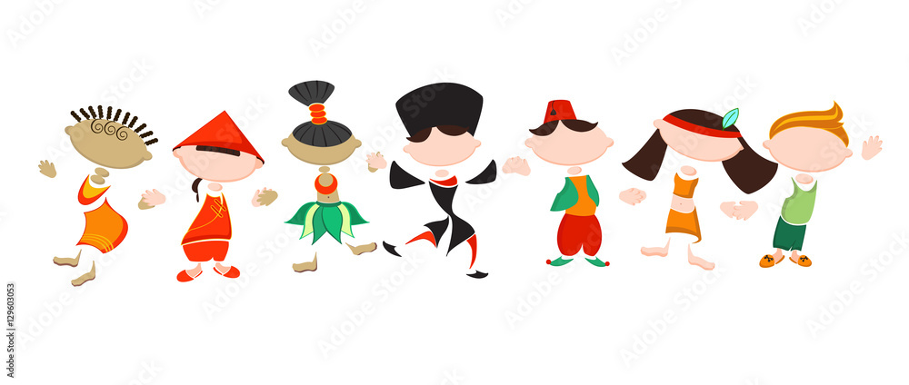 Stylized people in national costumes. Funny stickers of different nationality people. Friendship of Peoples. Traditional costumes. Concept of tolerance.
