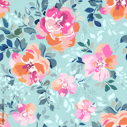 Soft pink and orange flowers on a blue background - seamless print