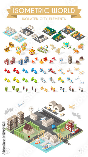 Isometric World. Set of Isolated Minimal City Elements. Town with Shadows on White Background.