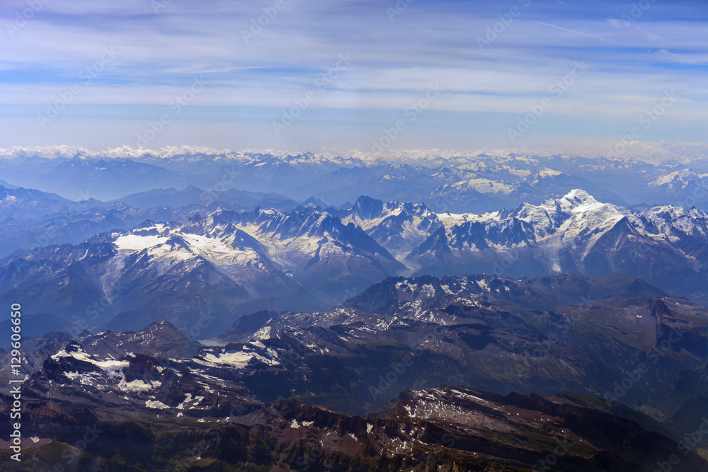 Naklejka premium Swiss and French Alps. View from the bird's-eye