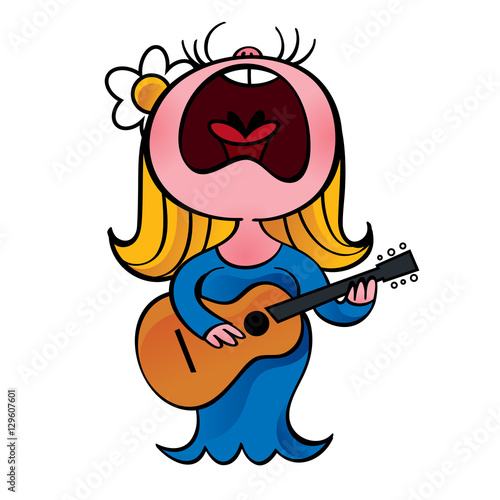 Woman in blue dress sings and play guitar