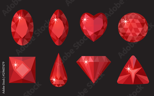Red gems set. Jewelry, crystals collection isolated on black background. Rubies, diamonds of different shapes, cut. Colorful red gemstones. Realistic, cartoon style. Vector illustration, clip art