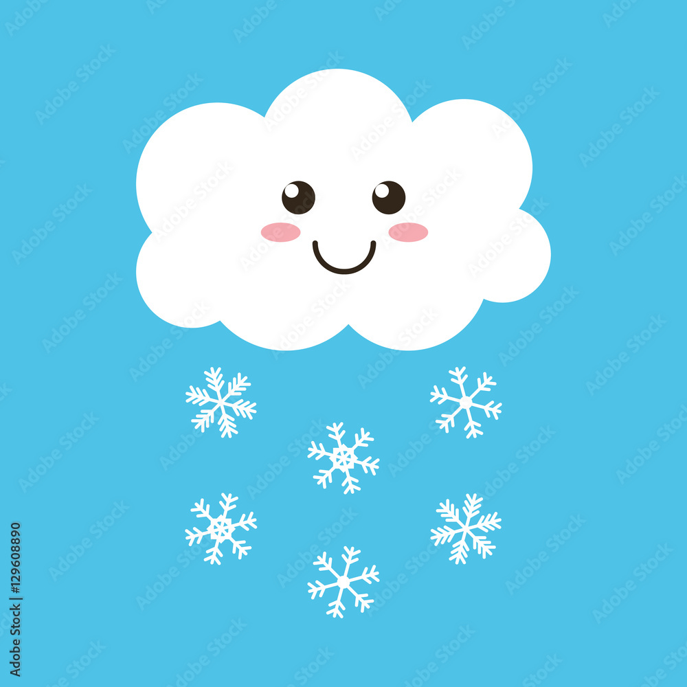 Cute happy cloud with snowflakes, winter weather icon on blue background. Cute happy cloud with snowflakes, winter weather icon on blue background.