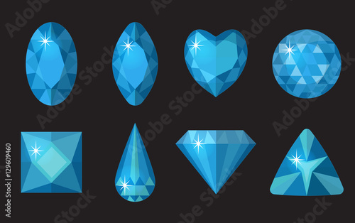 Blue gems set. Jewelry, crystals collection isolated on black background. Blue diamonds of different shapes, cut. Colorful blue gemstones. Realistic, cartoon style. Vector illustration, clip art