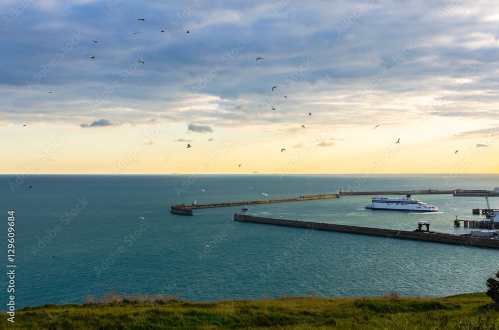 The Port of Dover in Kent on the English Channel at sunset, England