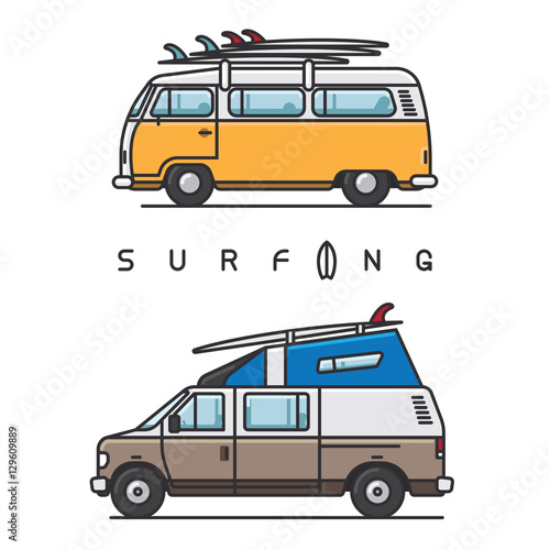 Van with surfboard on top of the roof on white bacground