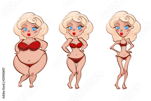 Three women in red underwear. Fat, normal and thin. As a vector illustration