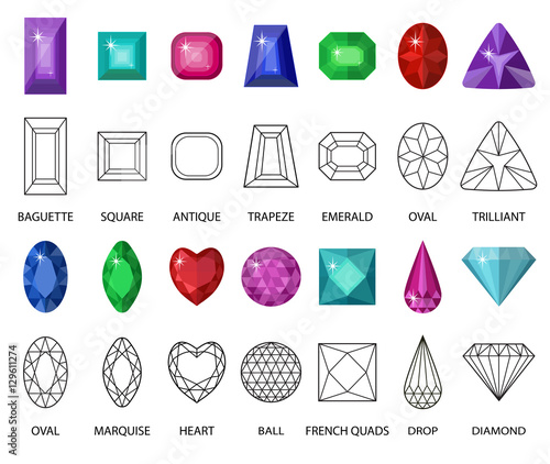 Gems and cut line set. Different facets for crystals. Jewelry collection isolated on white background. Diamonds cut. Realistic, cartoon style. Vector illustration, clip art